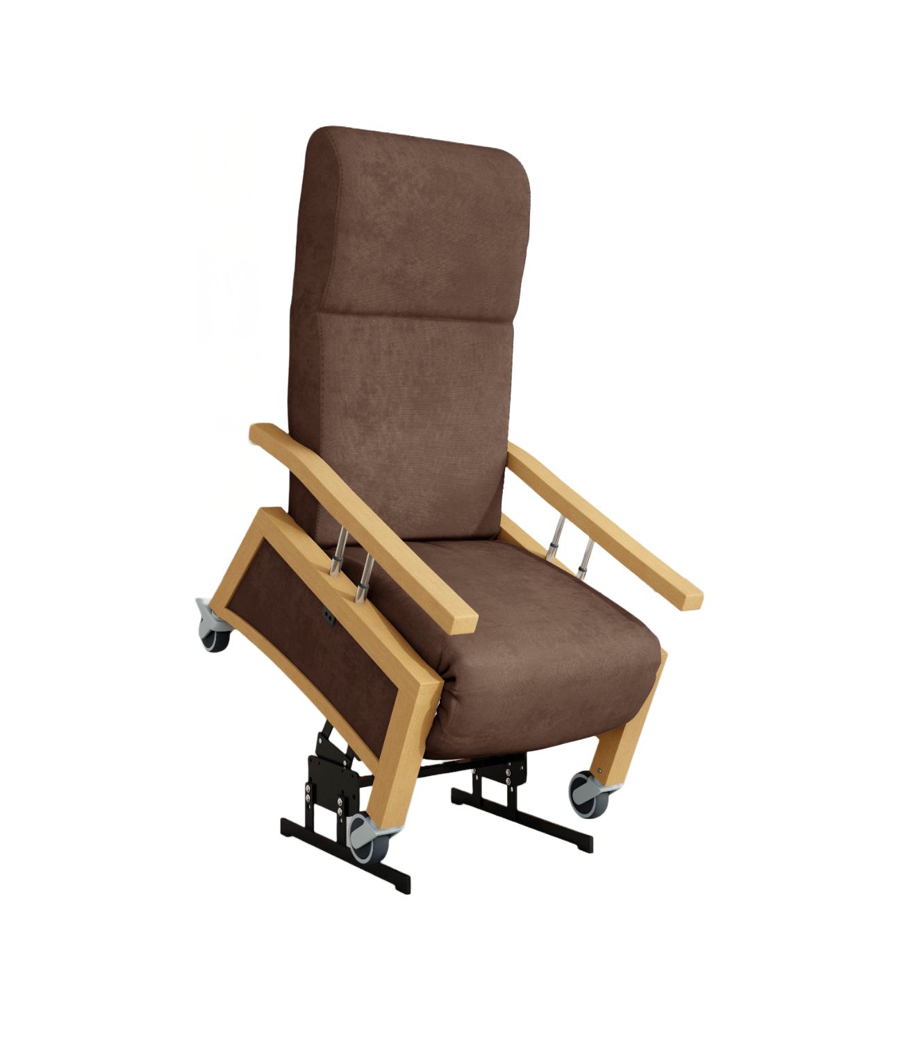 Brauner Pflegesessel mit Aufstehhilfe. Holzrahmen, Armlehnen, Rollen. Gepolsterte Sitzfläche und Rückenlehne. Elektrische Funktionen.