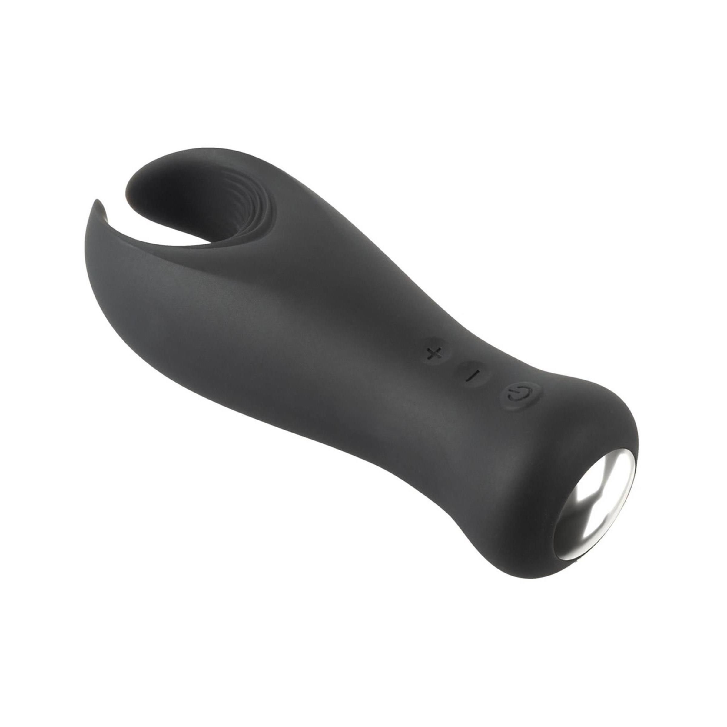 Schwarzer Cock Vibrator. Ovale Form mit Öffnung. Drei Knöpfe und eine runde Basis. Glatte Oberfläche.