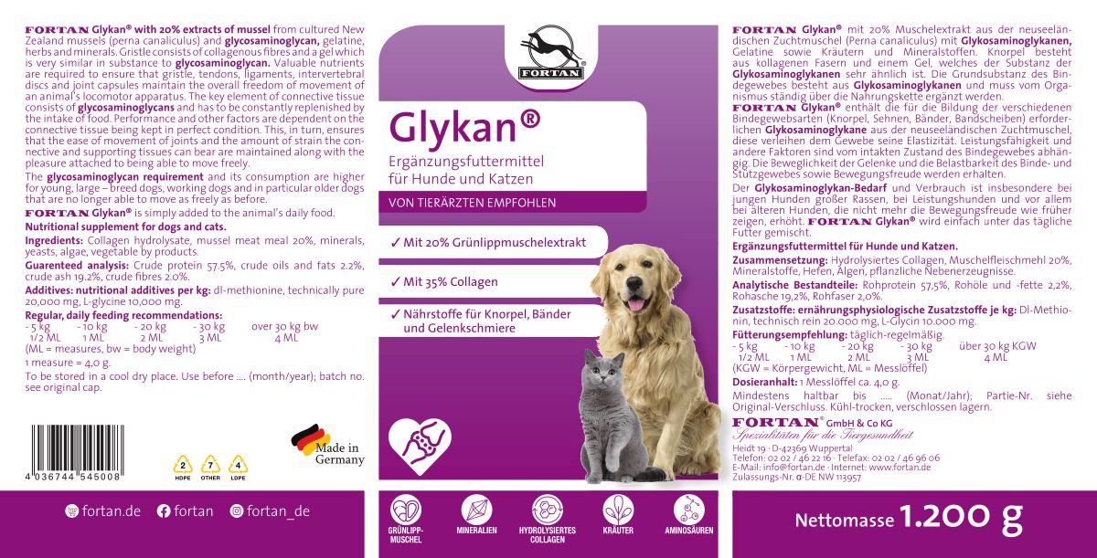 Etikett mit Text und Abbildung von Hund und Katze. Aufschrift Glykan, Empfohlen von Tierärzten. Nettomasse 1.200 g.