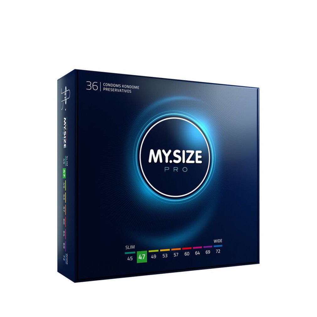 Donkerblauwe doos met MY.SIZE PRO-logo en maatindicaties. 36 condooms. Maten: 45-72mm. Opschrift: CONDOMS KONGOME PRESERVATIVOS.