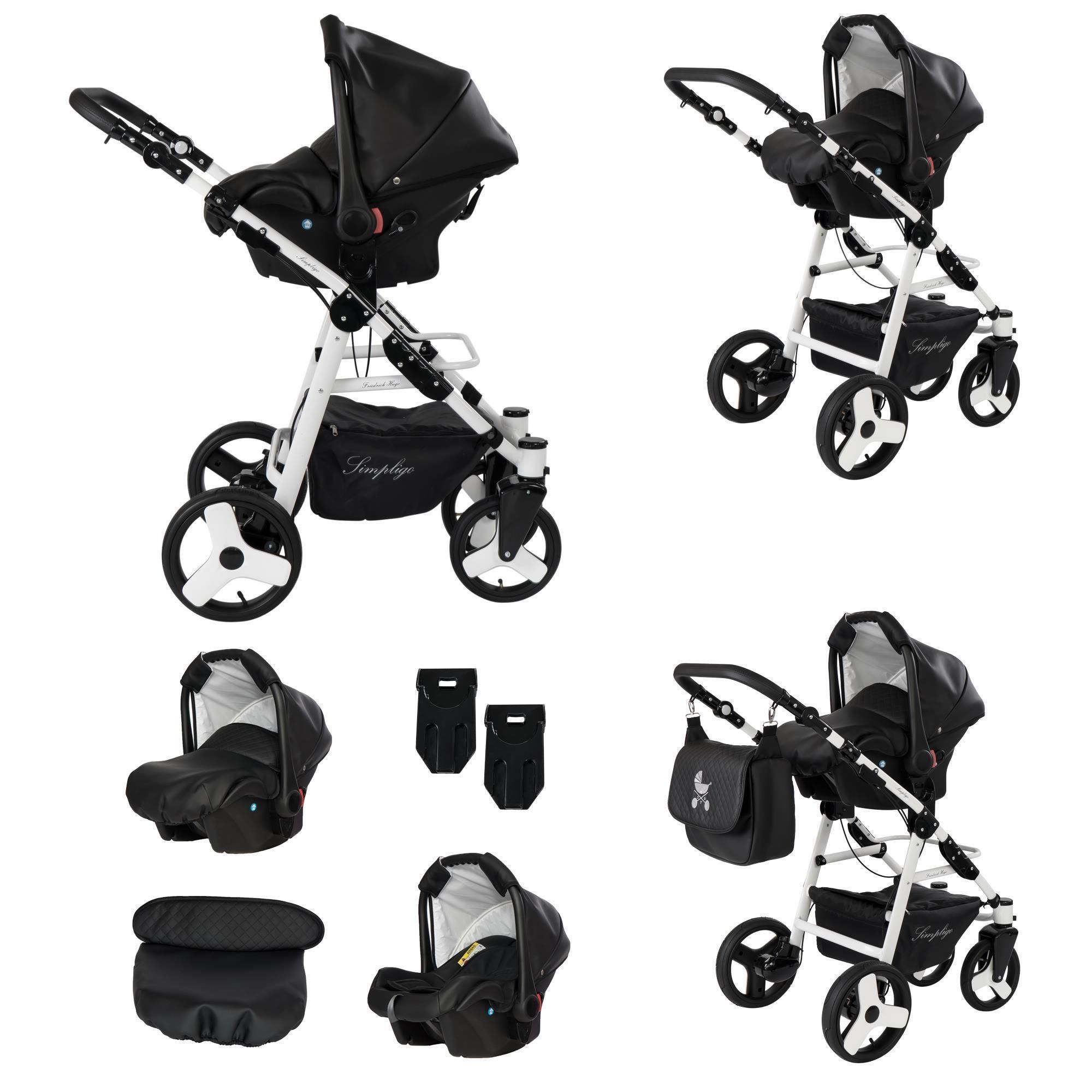 Kinderwagen-Set, schwarz und weiß. Enthält Babywanne, Sportsitz, Babyschale und Zubehör. Simpligo-Logo.