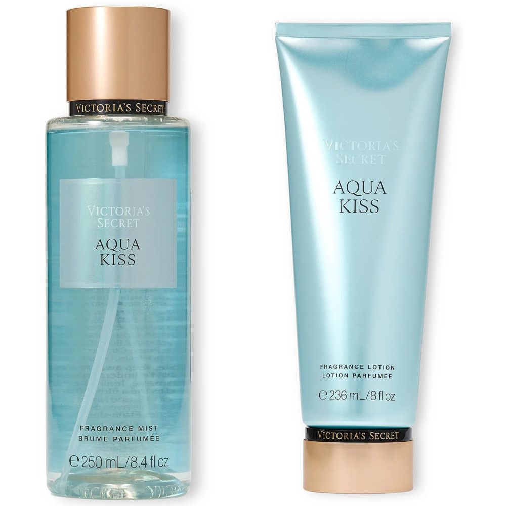 Körperspray und Körpermilch. Sprayflasche und Tube, hellblau. Aufschrift: Victoria's Secret, Aqua Kiss. Flasche: 250 ml. Tube: 236 ml.