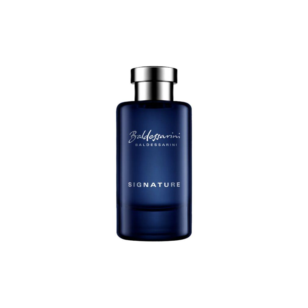 Dunkelblaue Glasflasche mit silbernem Verschluss und dem Aufdruck 'Baldessarini Signature'.