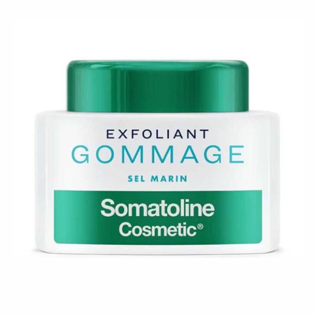 Weißer Tiegel mit grünem Deckel. Aufschrift: Scrub sea salt, Somatoline Cosmetic.
