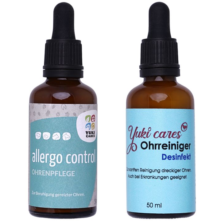 Braune Glasflasche mit schwarzem Tropfer. Etikett mit "allergo control Ohrenpflege".