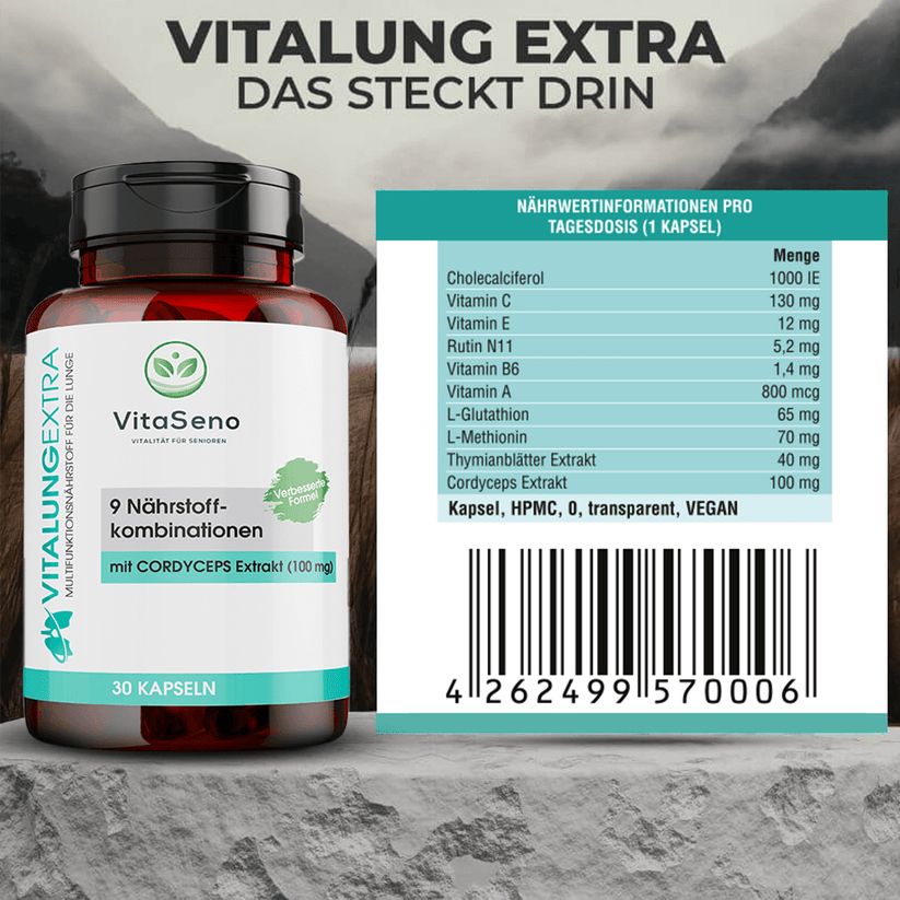 Braune Kapsel-Dose mit schwarzem Deckel. Aufschrift: VitaSeno, 9 Nährstoff-Kombinationen, mit Cordyceps Extrakt. Nährwerttabelle.