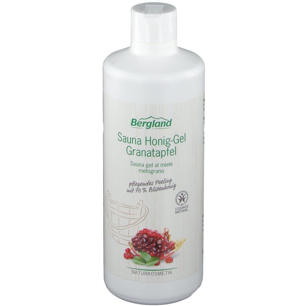 Weiße Flasche mit Schraubverschluss. Aufkleber mit Produktnamen: Sauna Honig-Gel Granatapfel. Logo: Naturkosmetik.