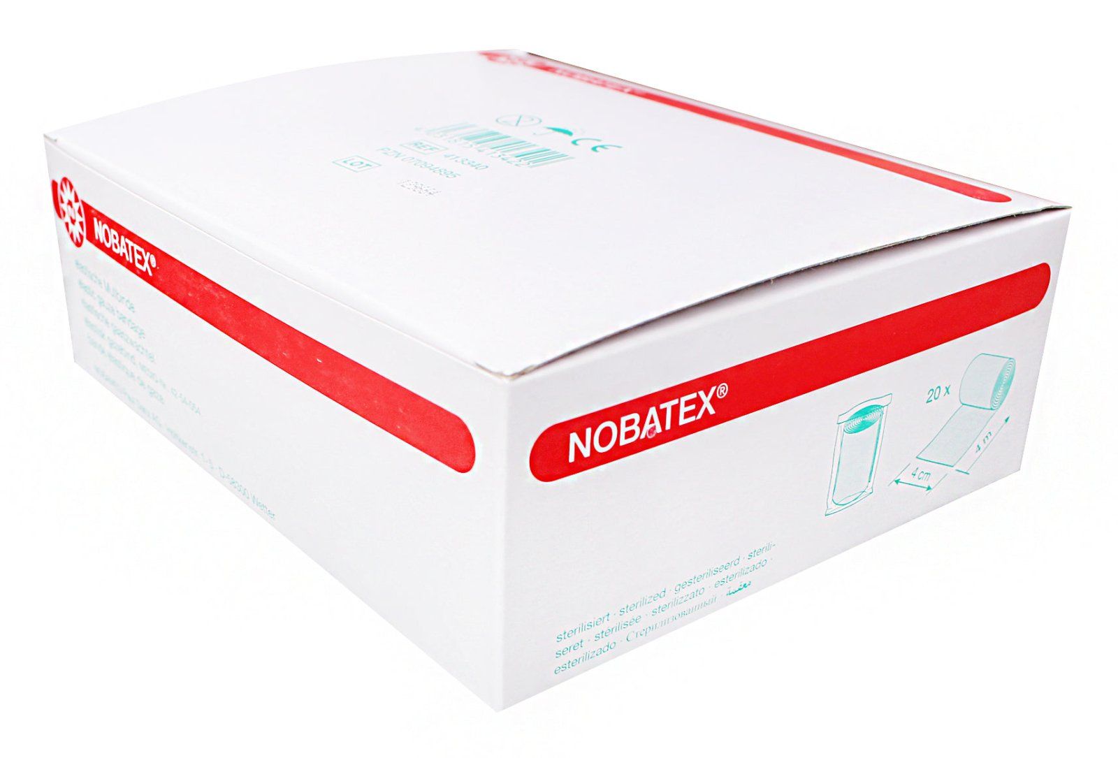 Weiße Box mit rotem Streifen und NOBATEX-Logo. Illustrationen von Mullbinden. 20 Stück, 4 m x 4 cm.