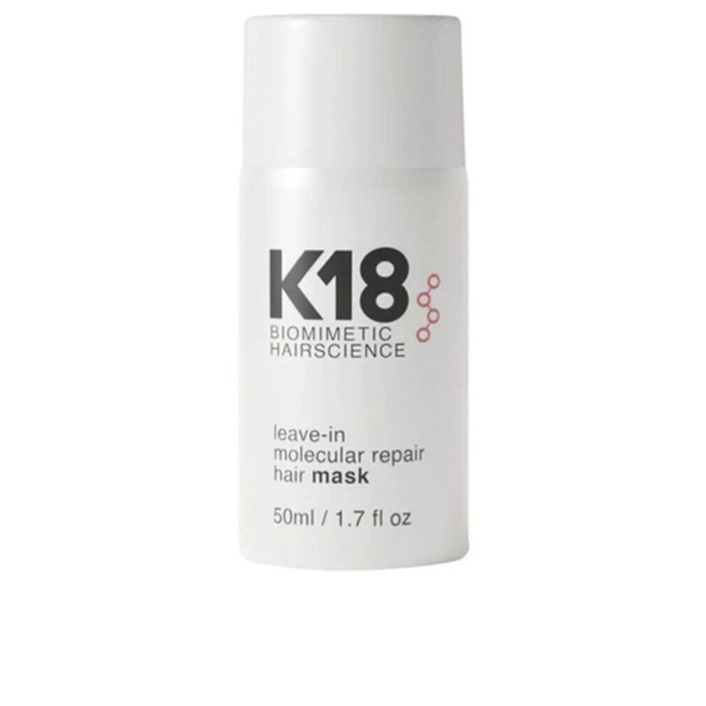 Weiße Flasche mit K18-Logo und Text. Enthält "leave-in molecular repair hair mask".