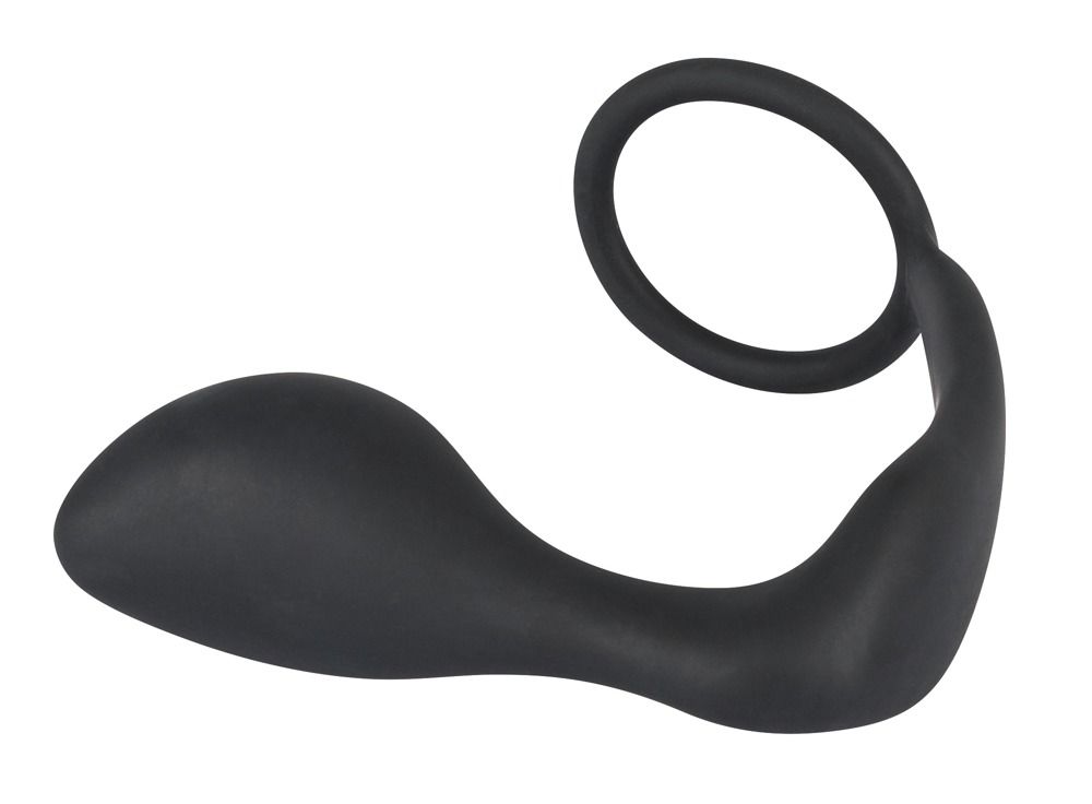 Schwarzer Penis-/Hodenring mit Analplug. Ringförmiger Griff, geschwungener Schaft und konischer Plug-Form.