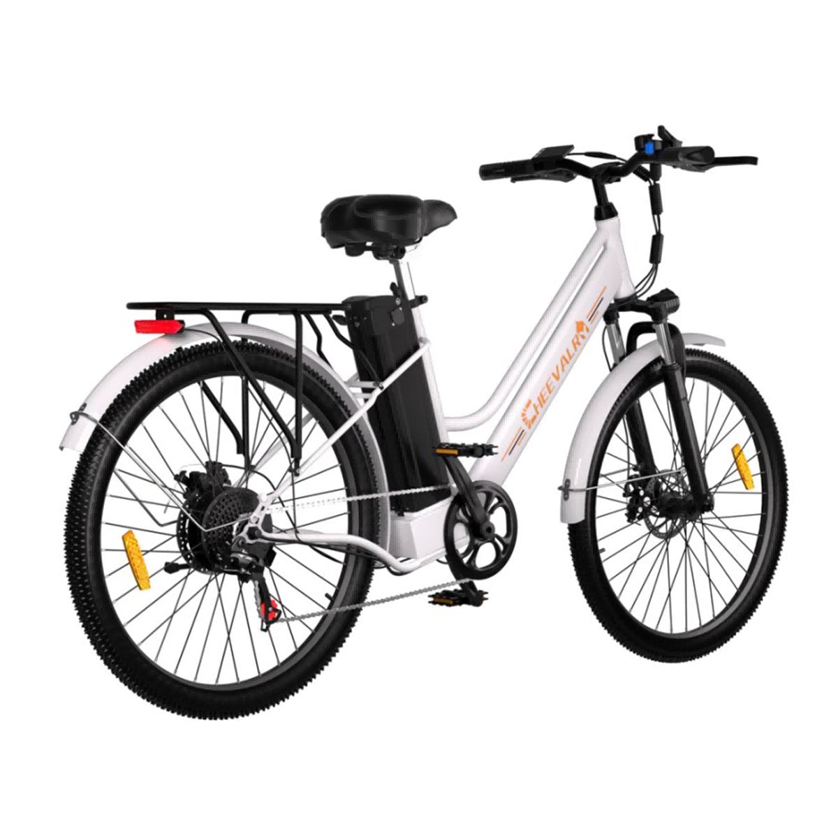 Weißes Elektrofahrrad mit schwarzem Rahmen, Gepäckträger und Rücklicht. Marke Cheevalry.