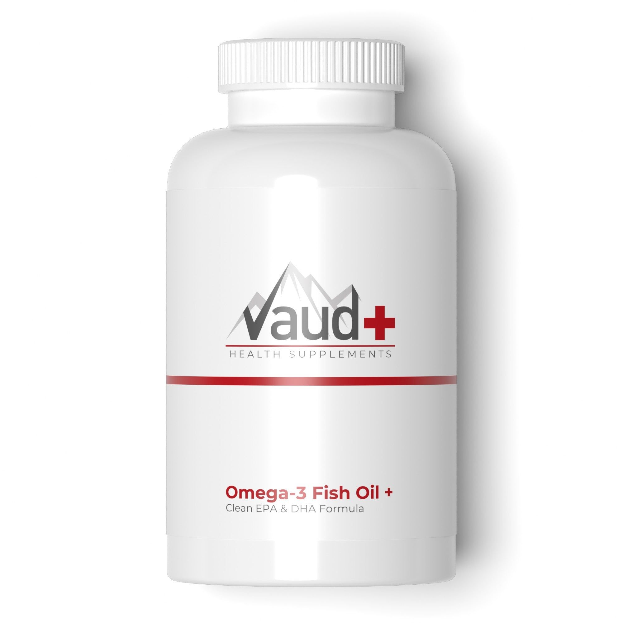 Weiße Flasche mit Schraubverschluss. Roter Streifen und Logo mit Schriftzug Vaud+ Health Supplements. Omega-3 Fischöl.