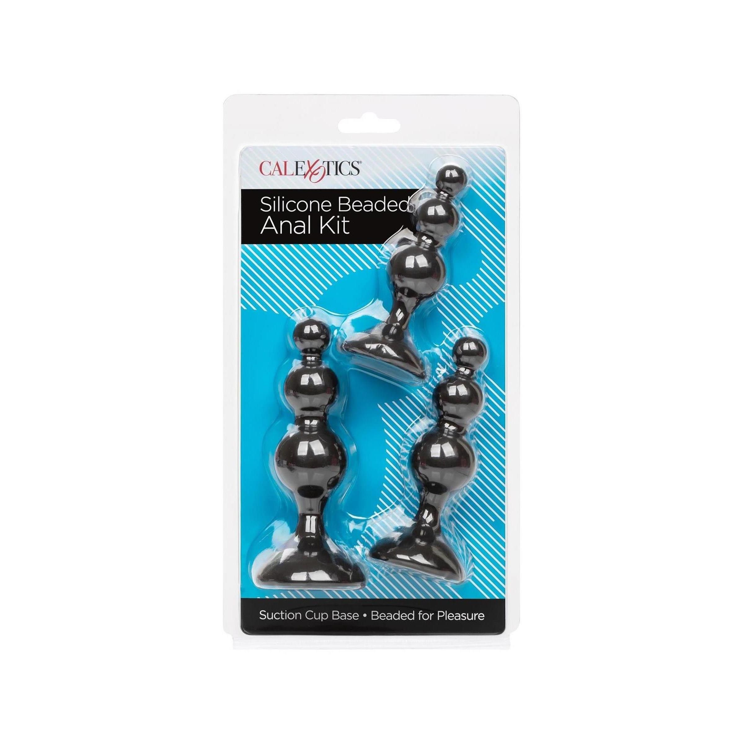 Verpackung mit drei analen Silikon-Perlen-Kits. Schwarze Farbe, unterschiedliche Größen. Marke CalExotics.