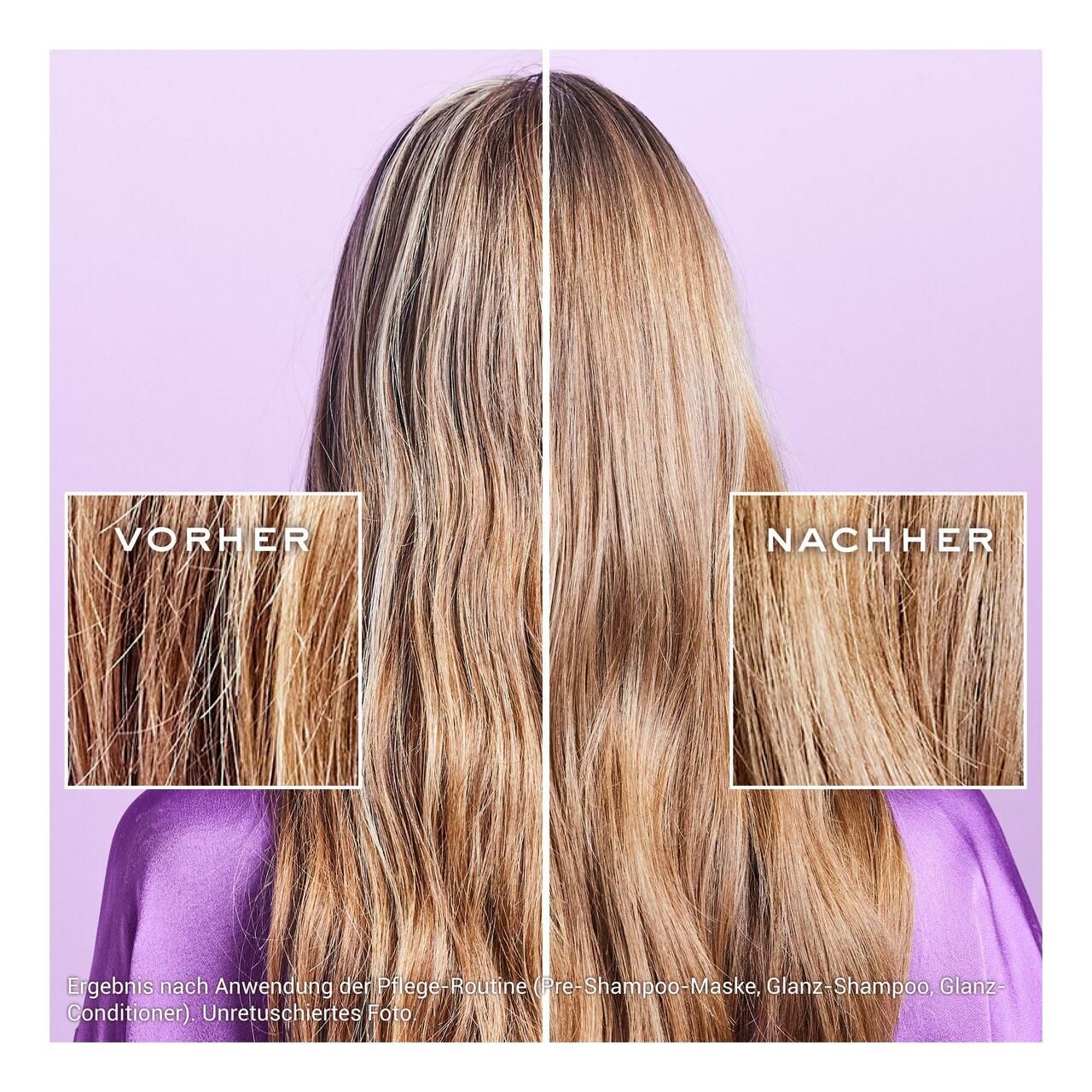Vorher-Nachher-Vergleich von Haaren. Links: Vorher. Rechts: Nachher. Text: Ergebnis nach Anwendung.