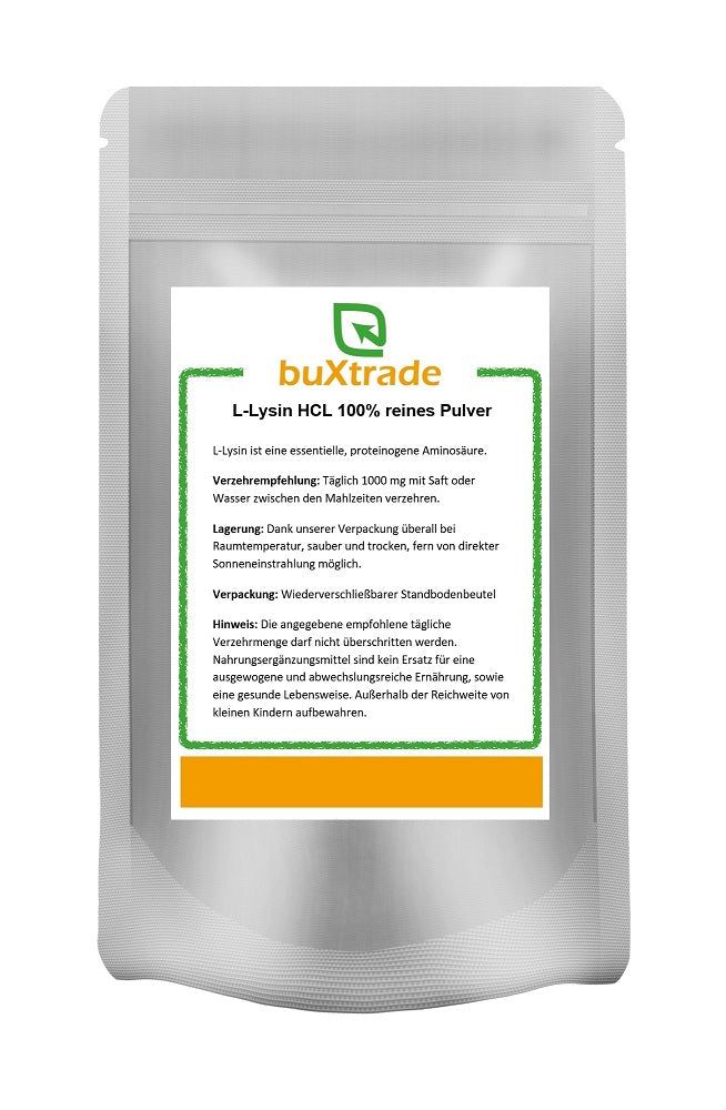 Beutel mit "buXtrade L-Lysin HCL 100% reines Pulver". Text mit Verzehrempfehlung und Lagerungshinweisen.