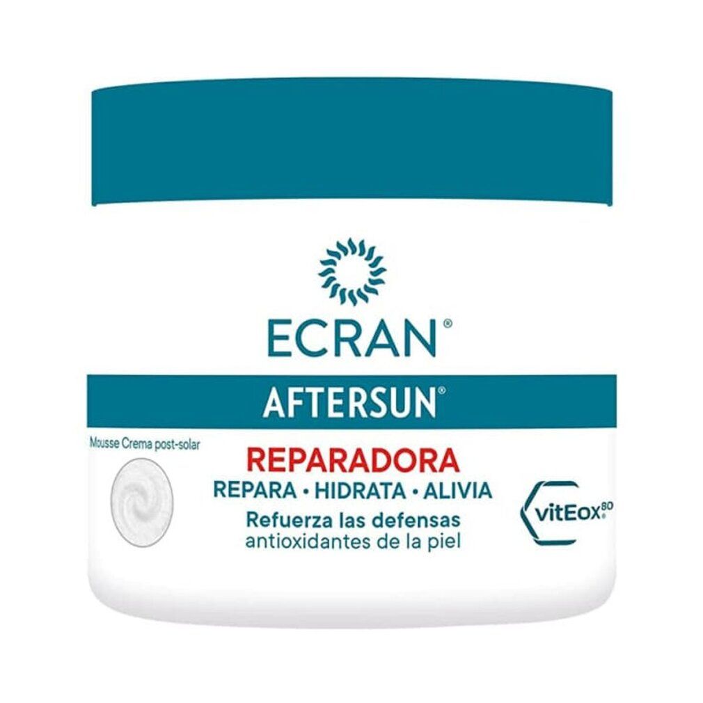 Weißer Tiegel mit blauem Deckel. Aufschrift: ECRAN AFTERSUN REPARADORA. Spanischer Text. Logo: viteEox.