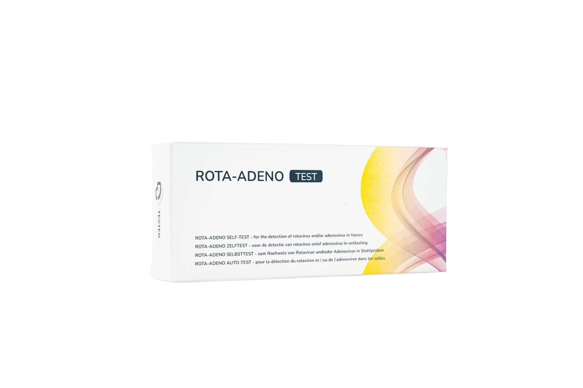 Verpackung des Rotavirus & Adenovirus Selbsttests mit Produktinformationen.
