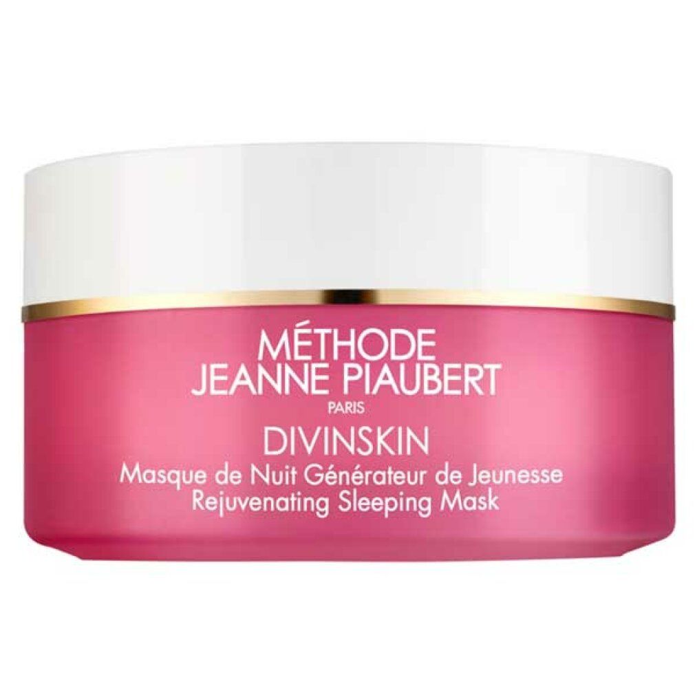 Rosa Tiegel mit weißem Deckel. Aufschrift: Methode Jeanne Piaubert, Divinskin, Masque de Nuit Générateur de Jeunesse, Rejuvenating Sleeping Mask.