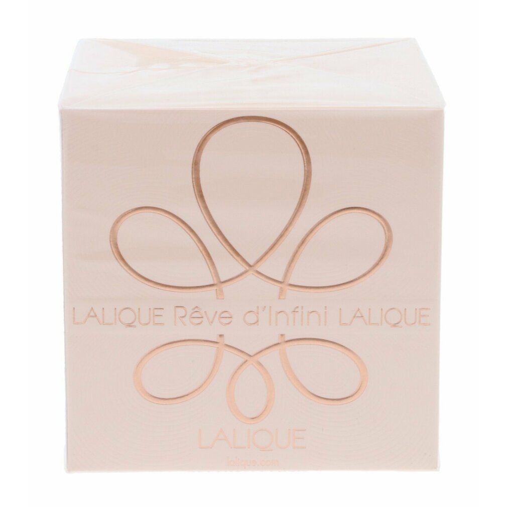 Quadratische Verpackung. Rosa Hintergrund mit goldfarbenem Logo und Text: Lalique Rêve d'Infini.