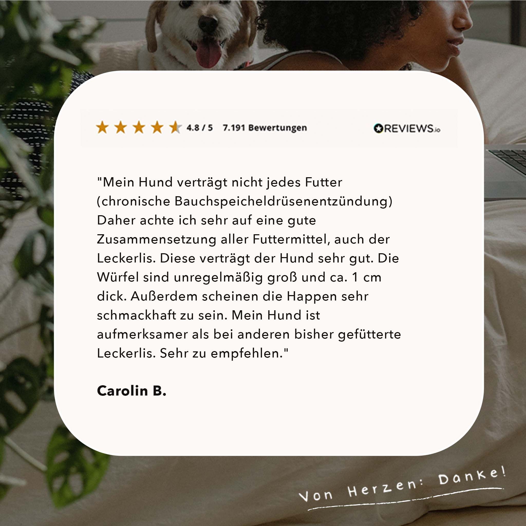 Testimonial. Text: Mein Hund verträgt die Happen gut. Die Würfel sind ca. 1 cm dick. Sehr empfehlenswert.