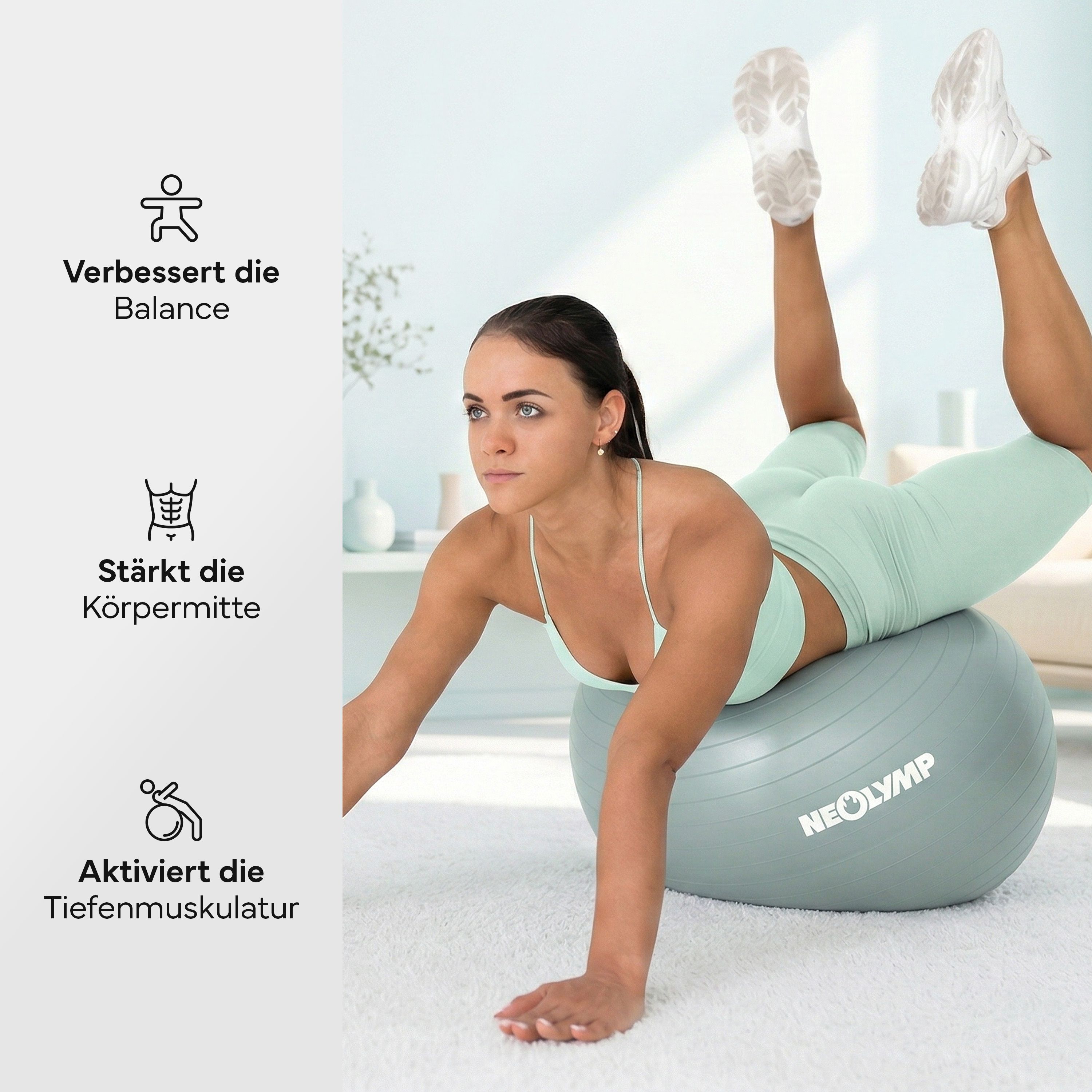 Frau auf Gymnastikball, Text zu Balance, Rumpf und Tiefenmuskulatur.