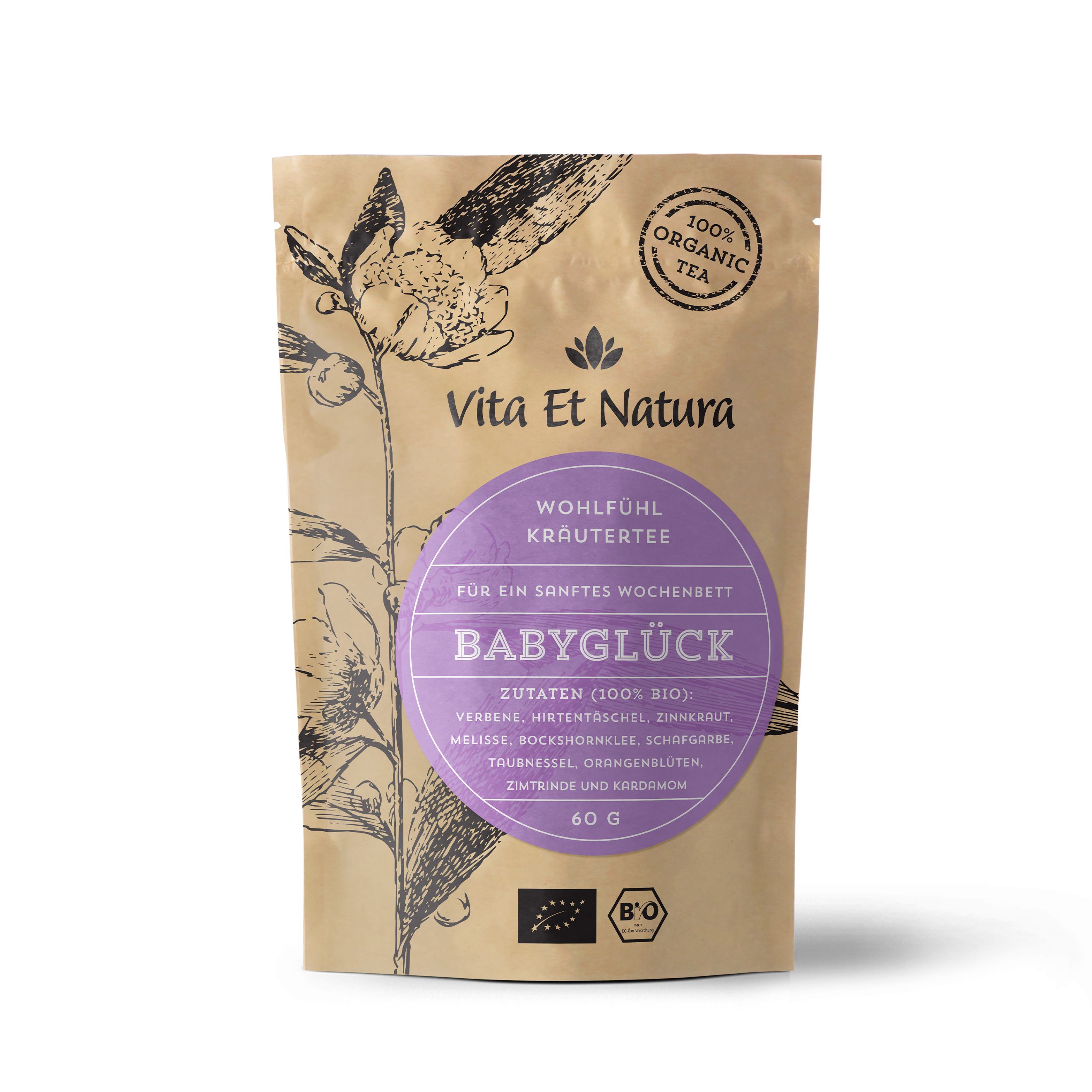 Beutel mit Kräutertee. Aufdruck: Babyglück, Zutaten, Bio-Siegel, 100% Organic Tea. Braune Verpackung.