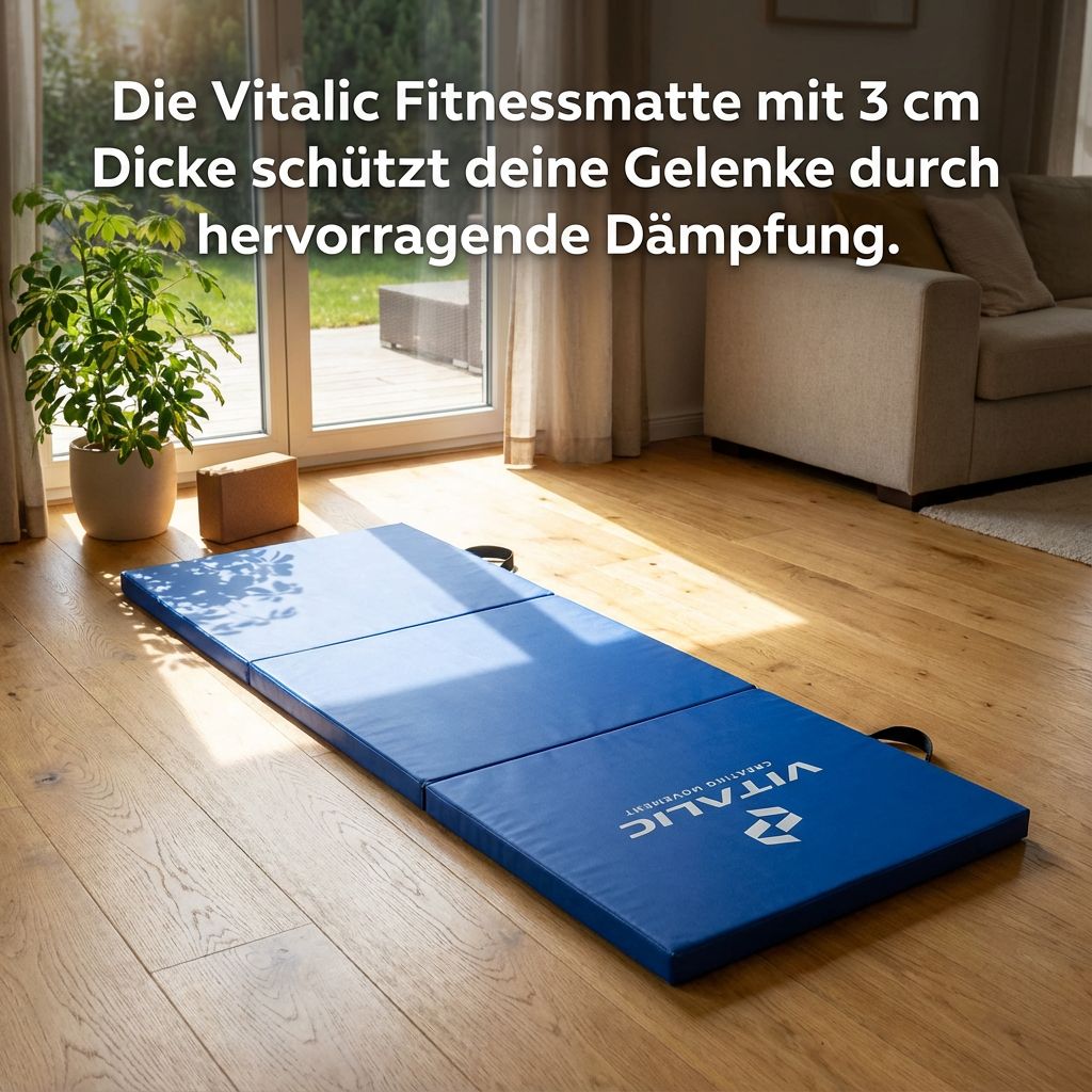 Blaue Fitnessmatte auf Holzboden. Logo und Text. 3 cm Dicke.