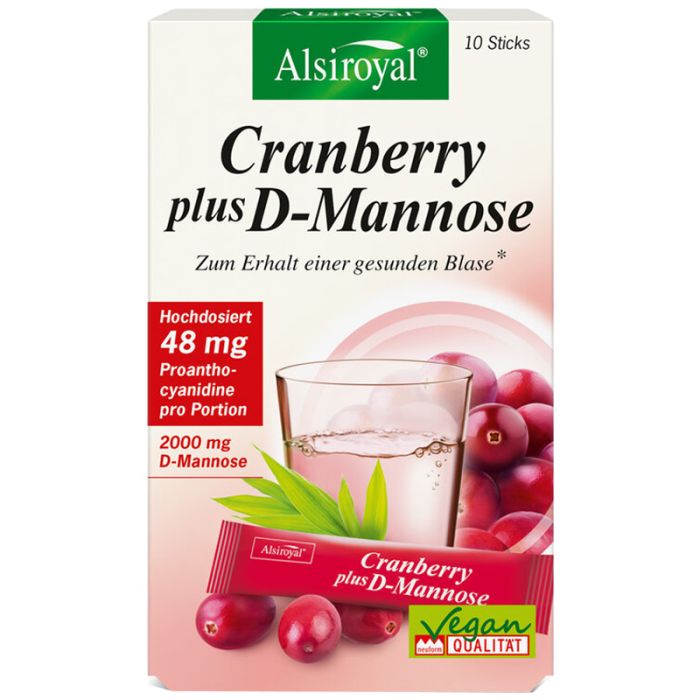 Produktverpackung mit Cranberrys und Beutel. Text: Alsiroyal Cranberry plus D-Mannose. 10 Sticks. Vegan.