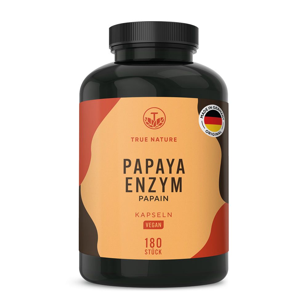 Schwarzer Behälter mit orangefarbenem Etikett: TRUE NATURE Papaya Enzym Kapseln, 180 Stück, Vegan.