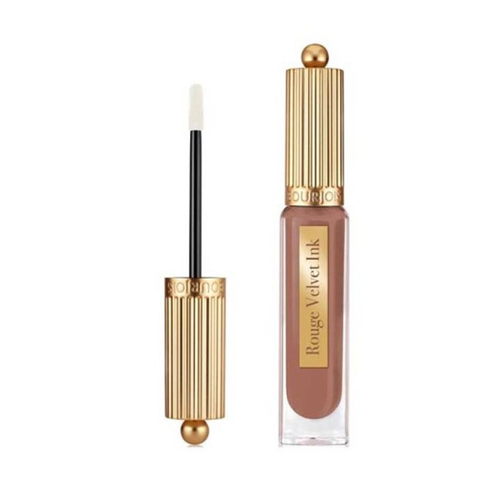 Bourjois Rouge Velvet Ink Lippenstift, Farbton 05 Pralinette, mit Applikator daneben.