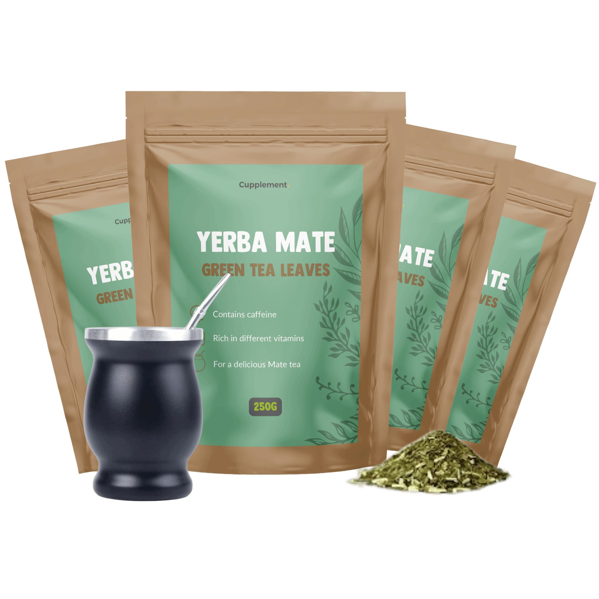 Vier Beutel Yerba Mate-Tee, ein schwarzer Becher mit Strohhalm und loser Tee. Aufschrift: Yerba Mate Green Tea Leaves.