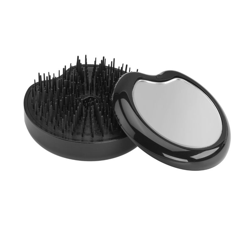 Schwarze Haarbürste mit Spiegel. Runde Bürste mit schwarzen Borsten und ovalem Spiegel. Der Spiegel ist abnehmbar.