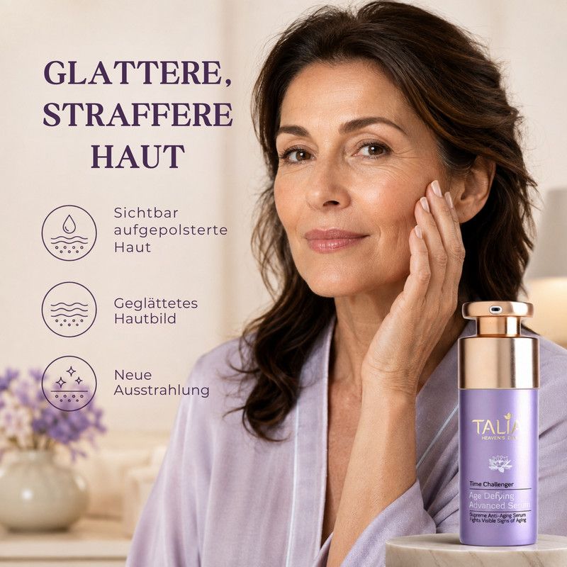 Lila Serumflasche "Talia Heaven's Dew Time Challenger" mit Pumpspender.