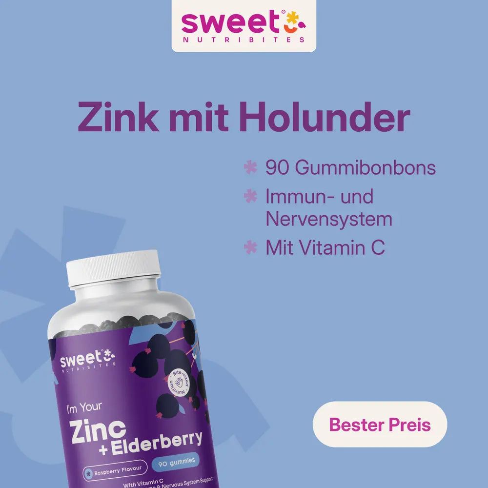 Flasche mit Gummibonbons. Text: Zink mit Holunder. 90 Gummibonbons, Immun- und Nervensystem, mit Vitamin C. Bester Preis.