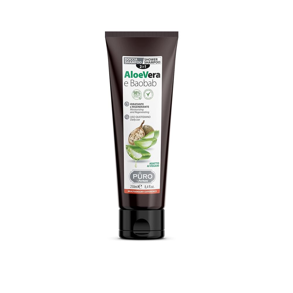 Braune Tube mit schwarzem Deckel. Aufschrift: Aloe Vera e Baobab, 2 in 1 Duschgel Shampoo. Marke: PURO.