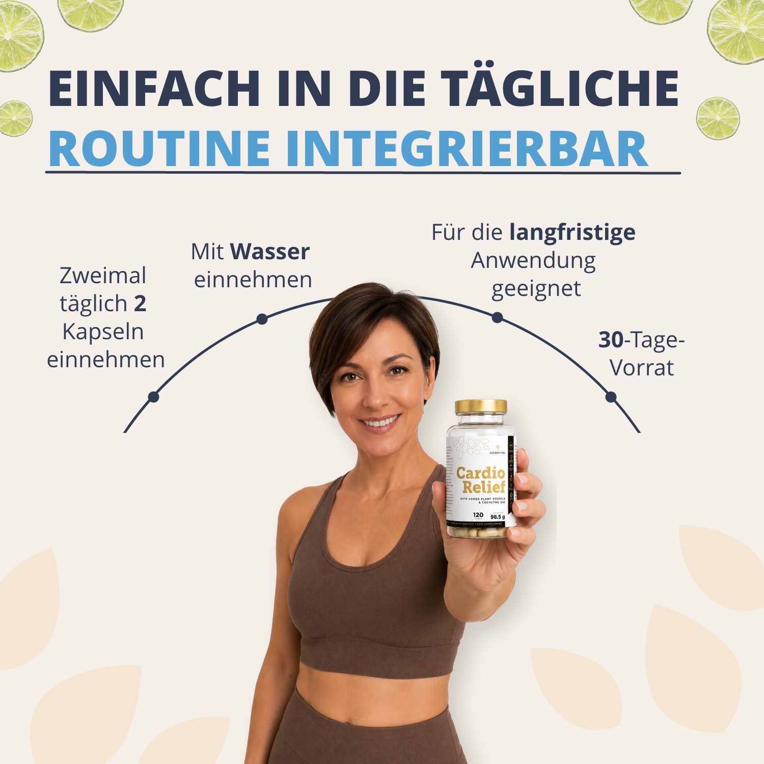 Frau hält eine Flasche Golden Tree Cardio Relief, integriert in die tägliche Routine.
