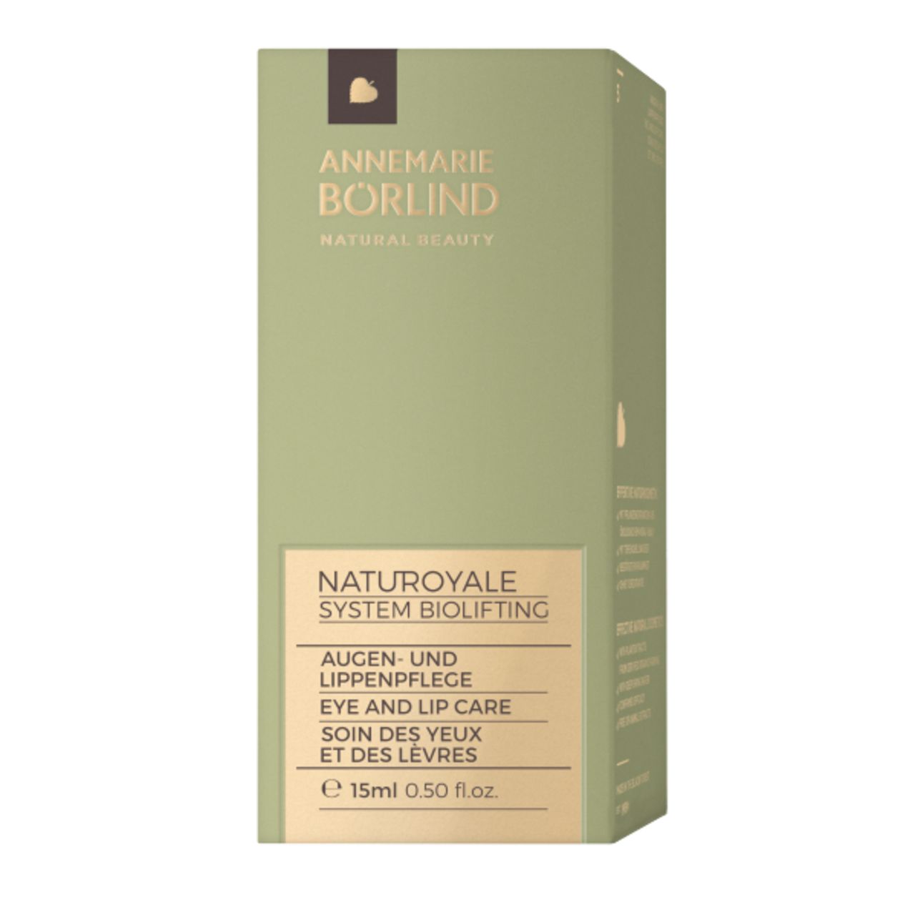 Grüne Schachtel mit Produktinformationen. Schriftzug: ANNEMARIE BÖRLIND, NATUROYALE, Augen- und Lippenpflege, 15ml.