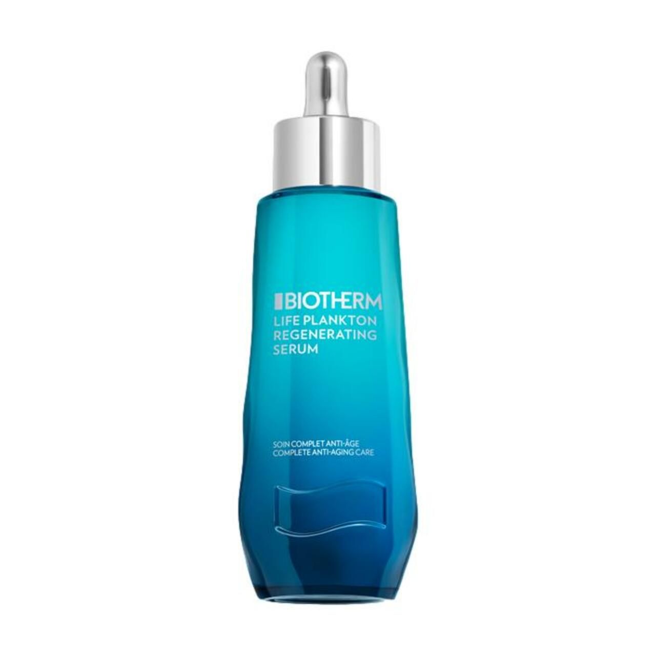 Blau-transparente Flasche mit silbernem Applikator. Aufschrift: BIOTHERM LIFE PLANKTON Regenerating Serum.