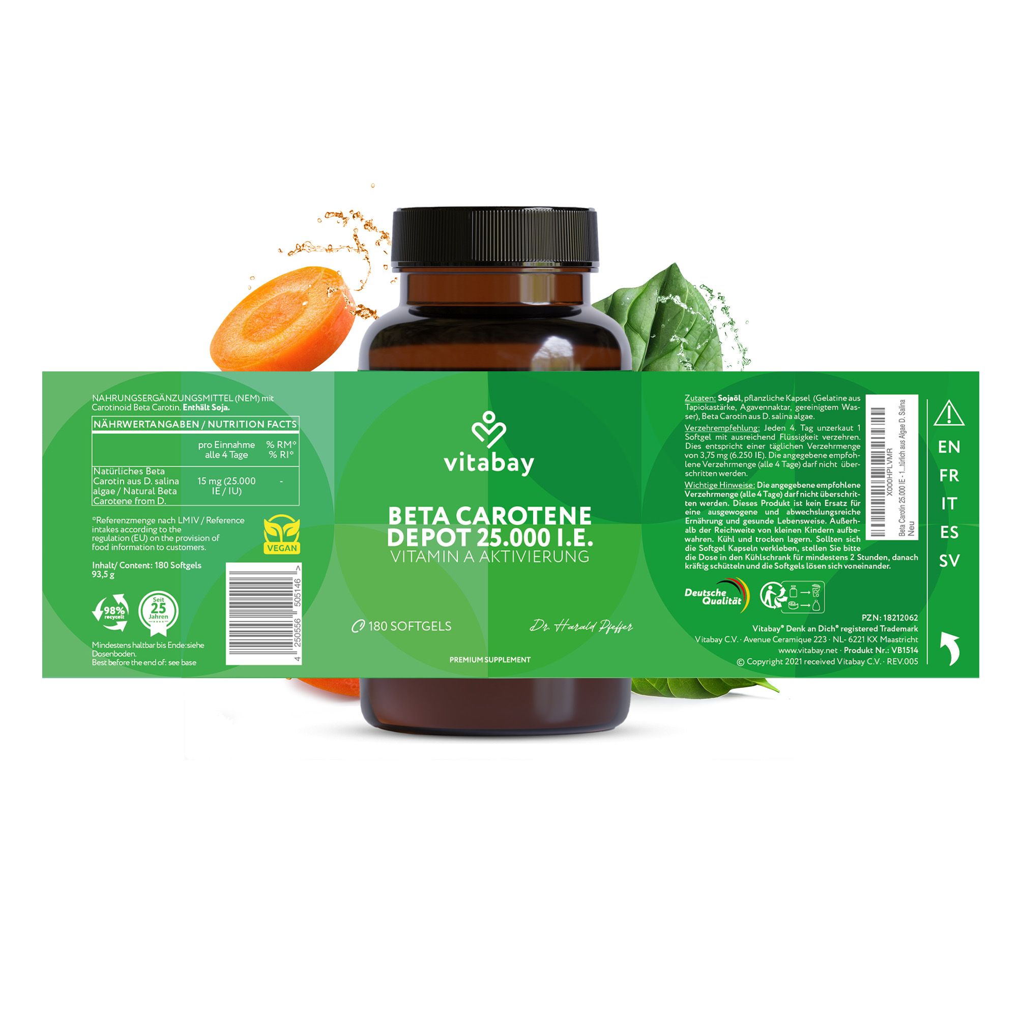 Rückseite einer Vitabay Beta Carotin Depot Flasche mit Nährwertangaben und Siegeln.