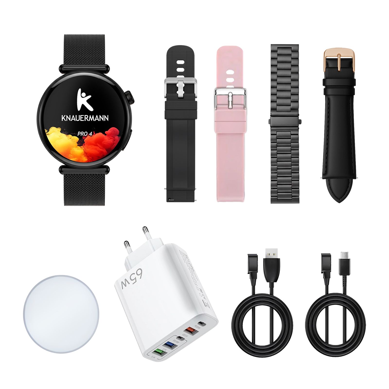 Smartwatch mit Zubehör: Armbänder, Ladegerät, Ladekabel. Armbänder: schwarz, rosa, metallisch, Leder. Ladegerät: weiß, 65W. Kabel: USB-C.