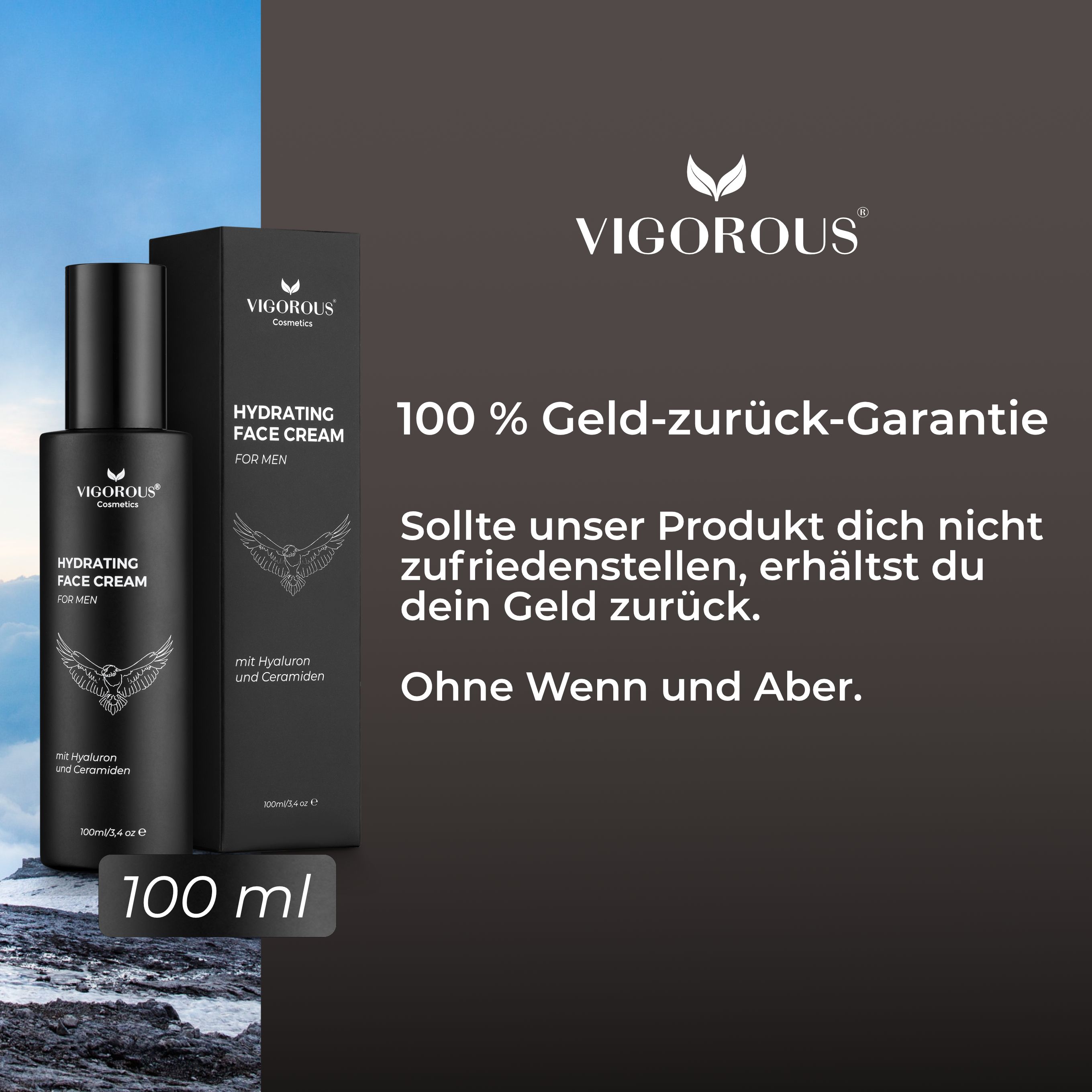Produkt mit Verpackung. Aufschrift: VIGOROUS® Hydrating Face Cream for Men. 100% Geld-zurück-Garantie. 100 ml.