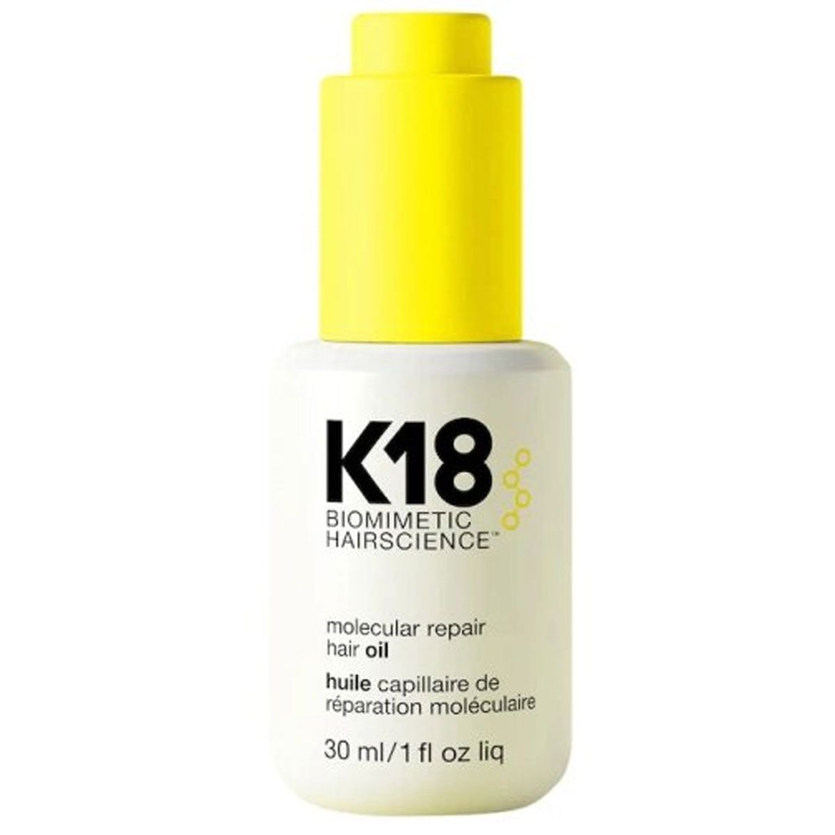 K18 Molecular Repair Hair Oil Flasche mit gelbem Pipettenverschluss.