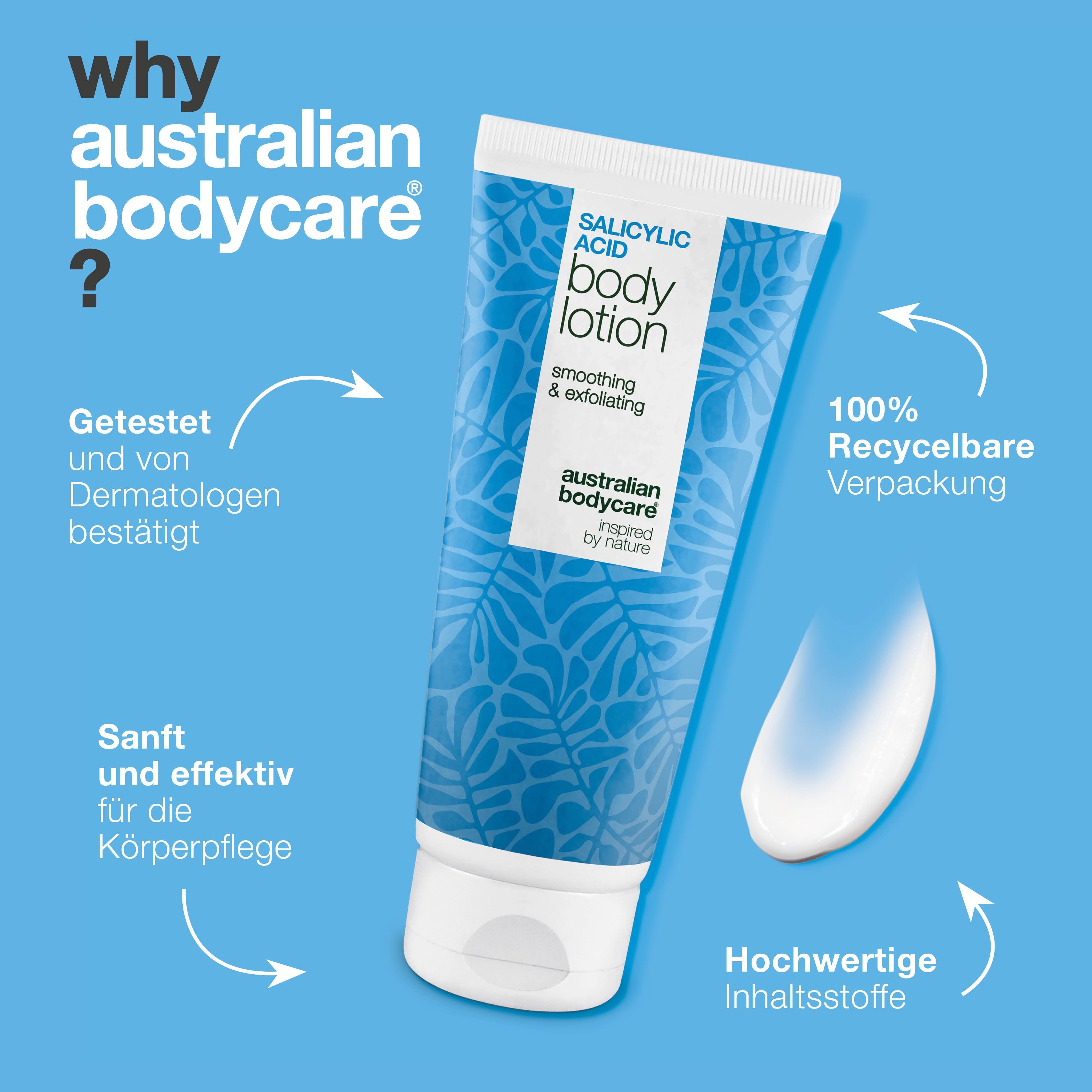 Tube "Salicylsäure Body Lotion" und Creme. Text: Getestet, 100% recycelbar, hochwertige Inhaltsstoffe.