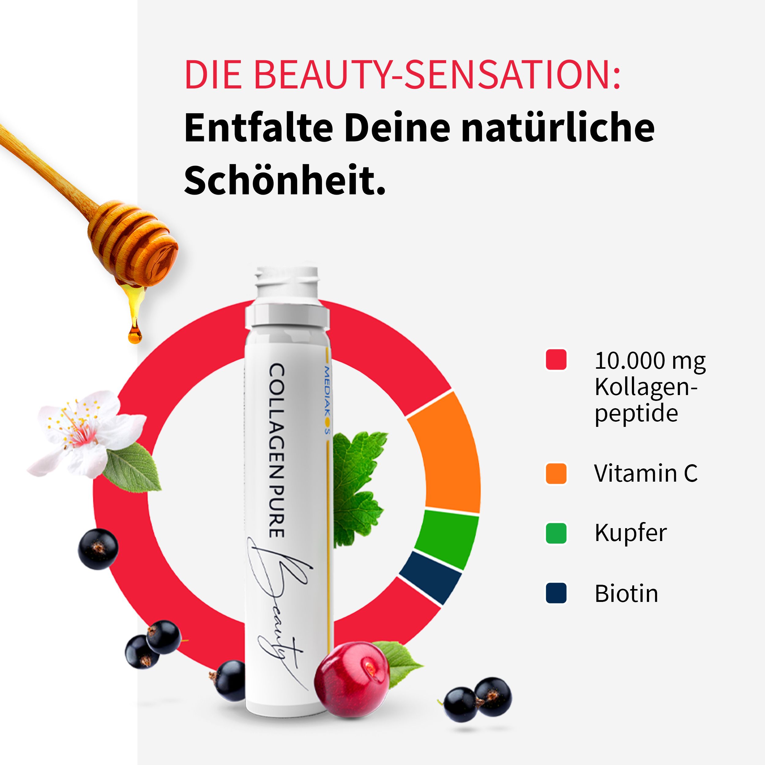 Ampulle COLLAGEN PURE Beauty, umgeben von Zutaten. 10.000 mg Kollagenpeptide, Vitamin C, Kupfer, Biotin.