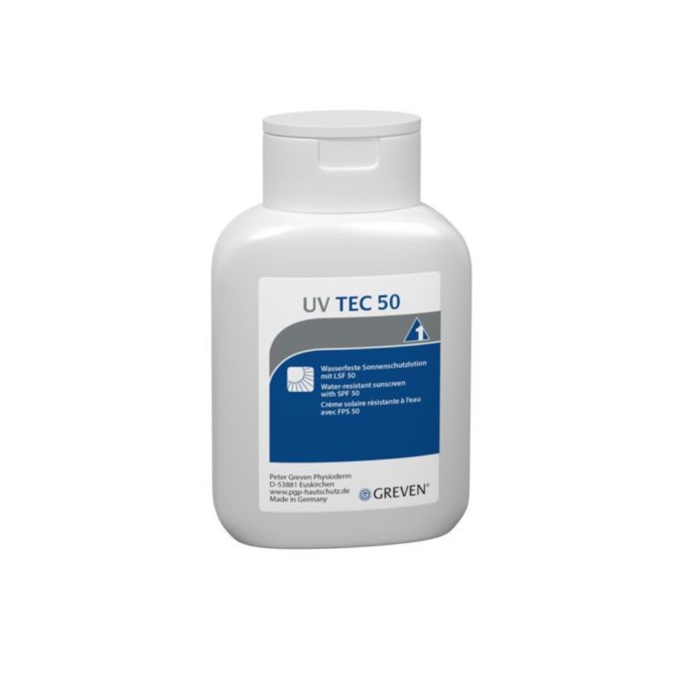 Weiße Flasche GREVEN® UV TEC 50 Sonnenschutzlotion mit LSF 50. Blaue Beschriftung. Wasserfest.
