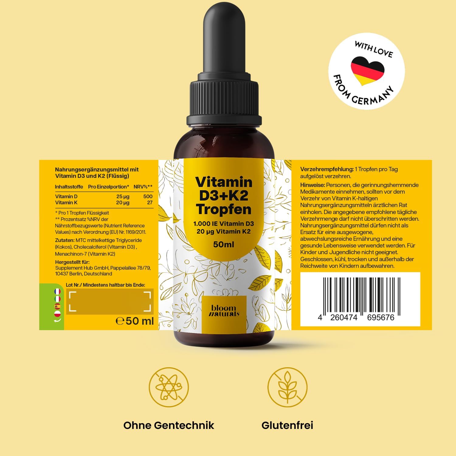 Glasflasche mit Pipette, Etikett mit Text: Vitamin D3+K2 Tropfen, 1.000 IE Vitamin D3, 20 µg Vitamin K2, 50ml. Zusätzliche Informationen und Warnhinweise.