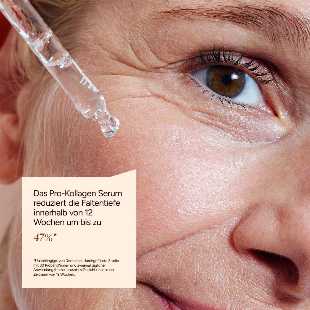 Nahaufnahme eines Auges mit Falten. Text: Pro-Kollagen Serum reduziert Faltentiefe um bis zu 47% in 12 Wochen.