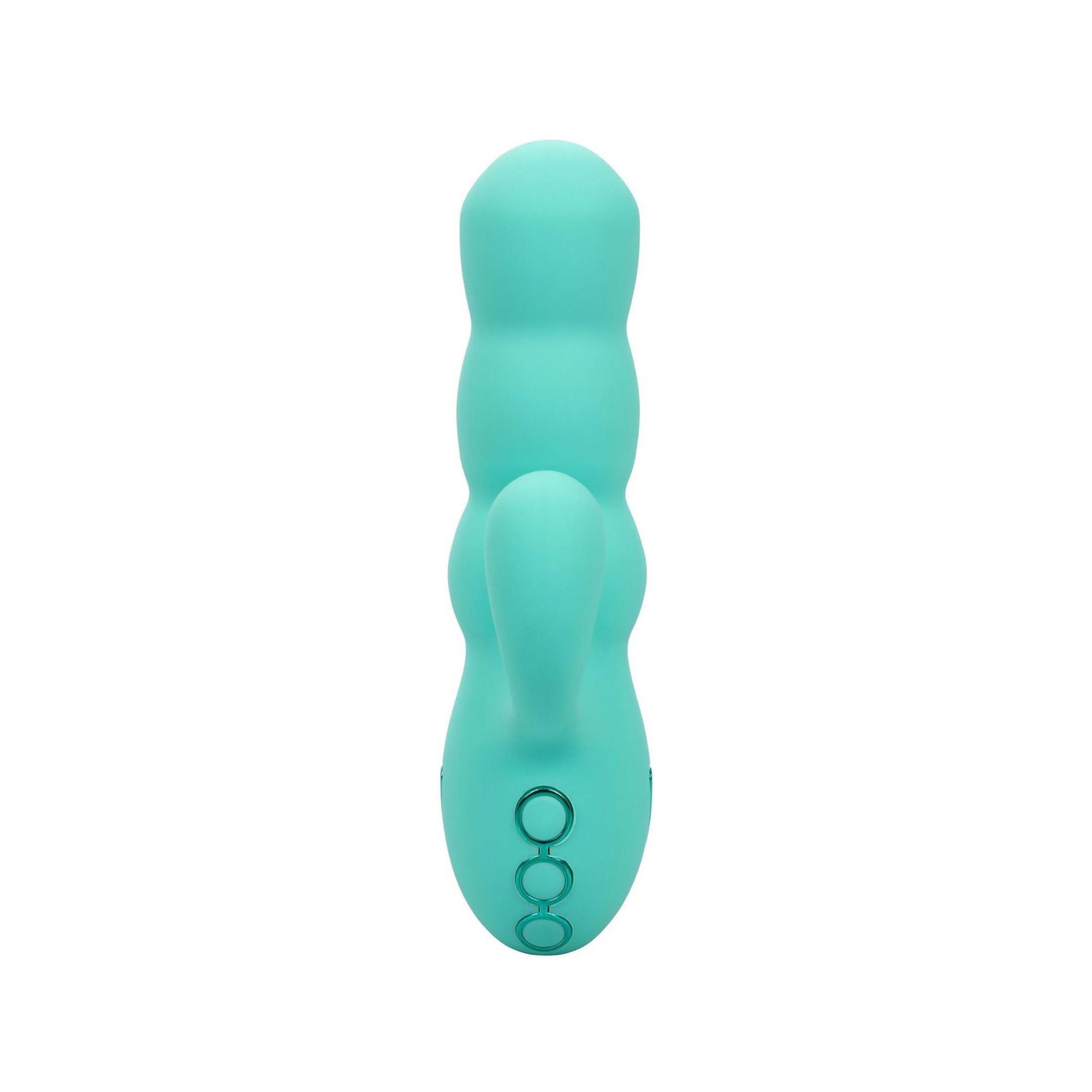 Türkisfarbener Vibrator mit abgerundeten Formen und einem gebogenen Arm. Drei Knöpfe an der Basis.