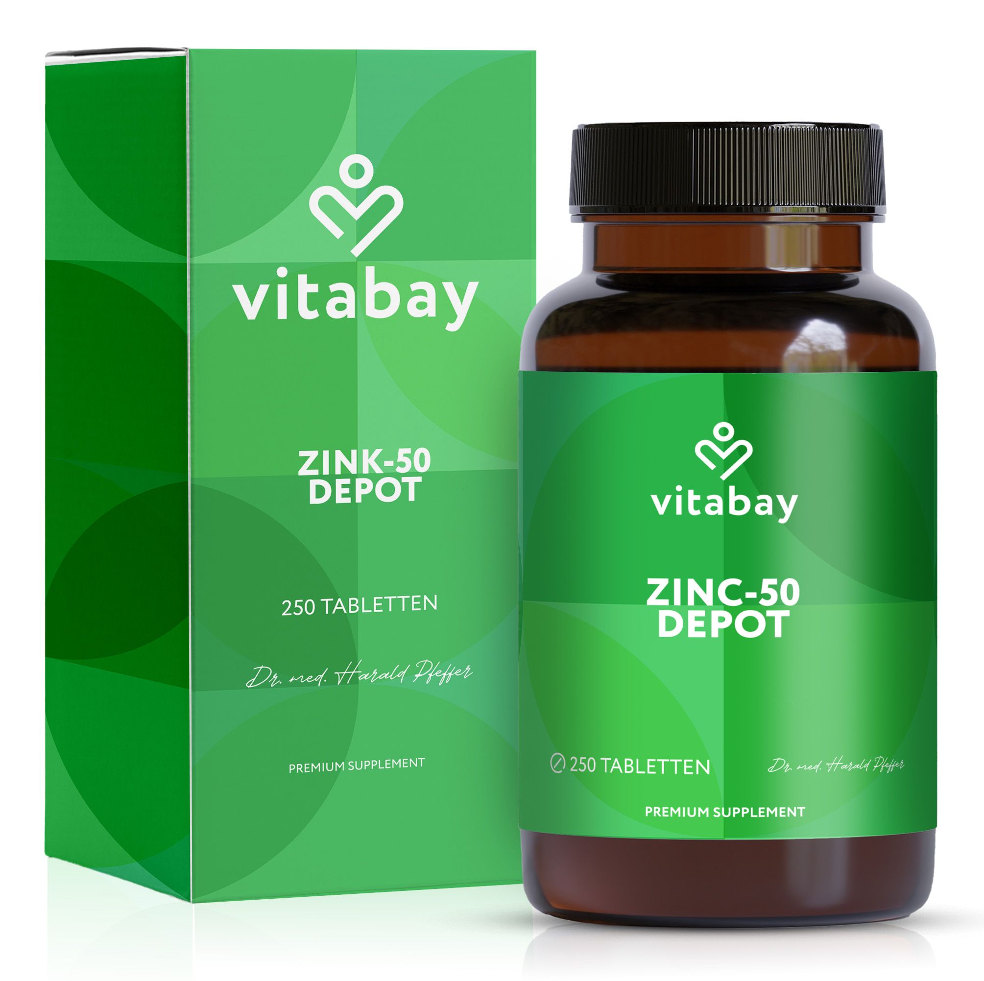 Grüne Verpackung und braune Flasche mit weißem Etikett. Aufschrift: Vitabay Zink-50 DEPOT, 250 Tabletten. Premium Supplement.