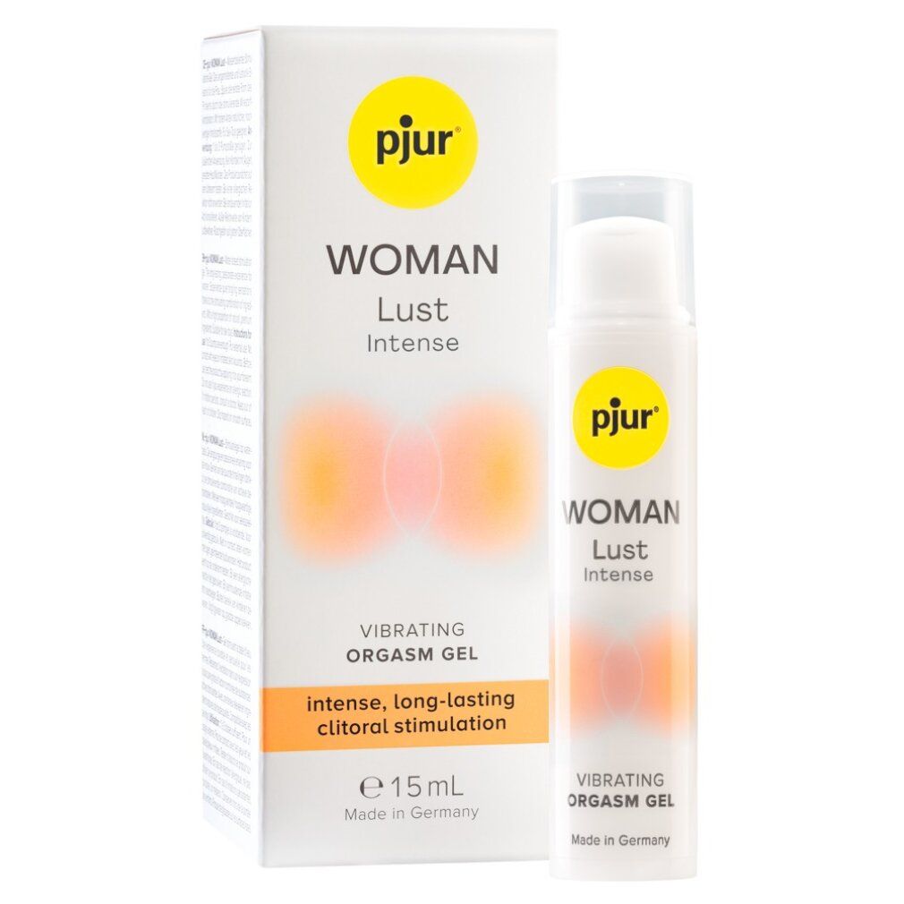 Produktverpackung und Flasche. Text: WOMAN Lust Intense, Vibrating Orgasm Gel, intense, long-lasting clitoral stimulation, e 15ml, Made in Germany.
